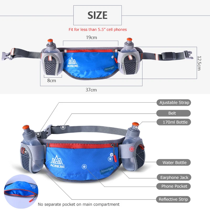 AONIJIE Running Hydration Belt Waist Bag Men Women Marathon Jogging Phone Pouch Fanny Pack with 170ml Water Bottles | Спорт и