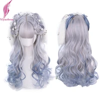 yiyaobess harajuku lolita long wig with bangs synthetic wavy hair grey blue ombre cosplay wigs for women pelucas naturales