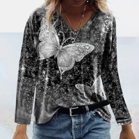 new women fluorescent butterfly print loose t shirt fashion autumn spring long sleeve tee top female v neck oversize t shirts