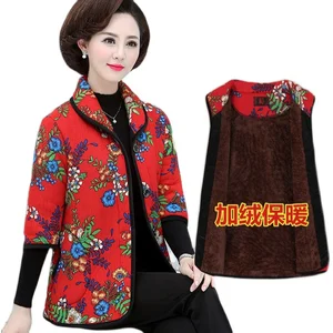 Хлопковый жилет с цветочным принтом для мамы осенняя куртка с рукавом средней длины зимняя одежда плюс вельветовое толстое пальто из хлопка размера плюс для женщин
