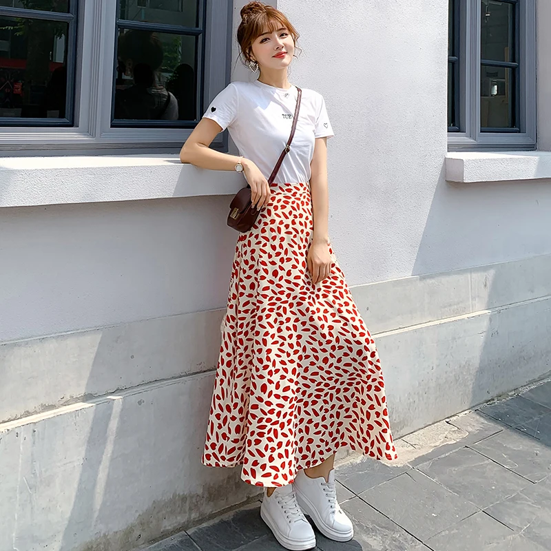 Летние шифоновые длинные юбки в горошек с высокой талией трапециевидные до