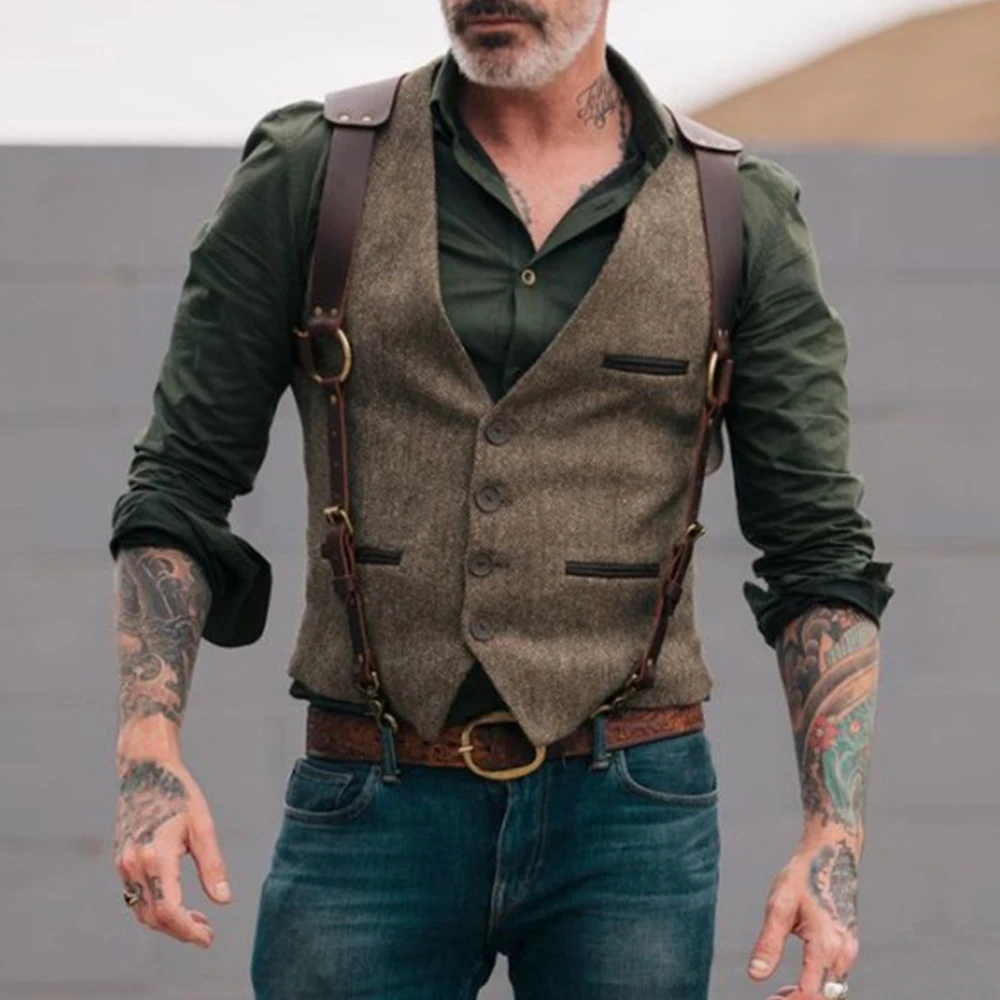 Мужской костюмный жилет CYSINCOS из бутика шерсти твида приталенный Повседневный