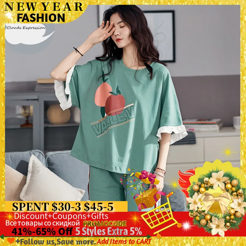 

Летний Новый мультяшный женский пижамный комплект с принтом фруктов с коротким рукавом Повседневная Домашняя одежда для сна костюм для жен...