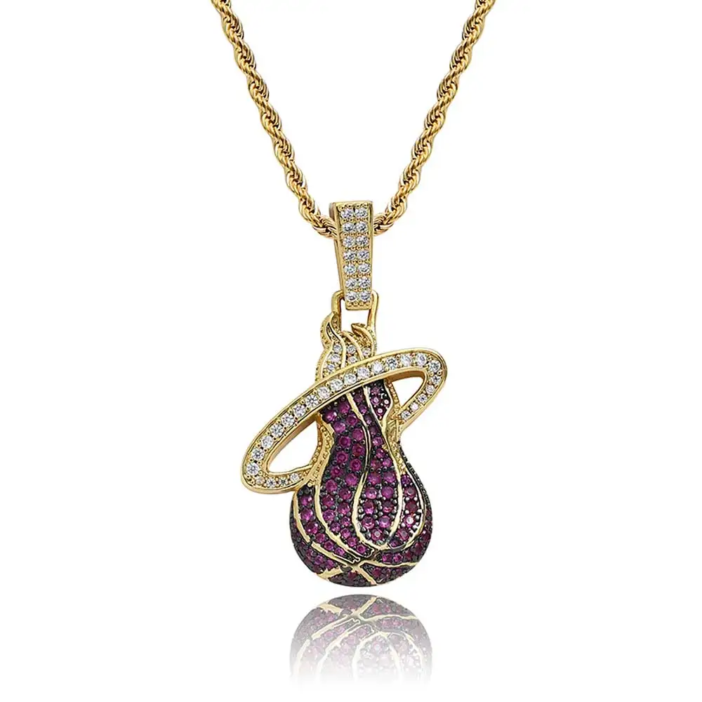 

NBA Basketball Heat Team Pendants Necklace Men's Hip Hop Fashion Full Zircon Ice Out Gold Necklace For Basketball Fan Gift