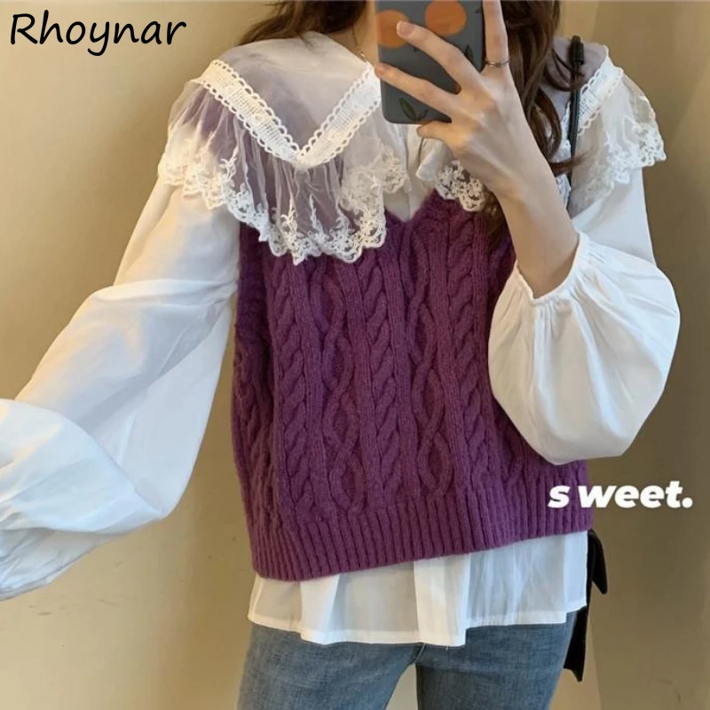 

Sets Women Sweater Vest Knitted Sweet Ribbed Spring Korean Style Fashion Students Shirts Peter Pan Collar Straight Cozy Street