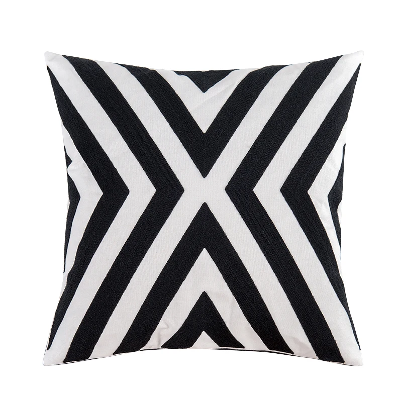 

Home Decorative Embroidered Cushion Cover Black White Canvas Cotton Square Embroidery Pillow Cover 45x45cm For Sofa Bed Chair