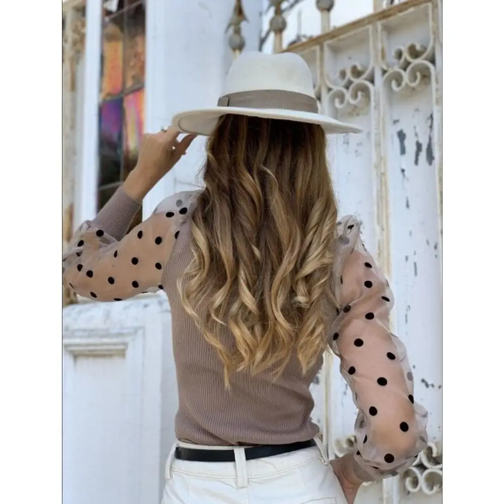 Женский сетчатый прозрачный свитер с пышными рукавами в стиле пэчворк вязаный