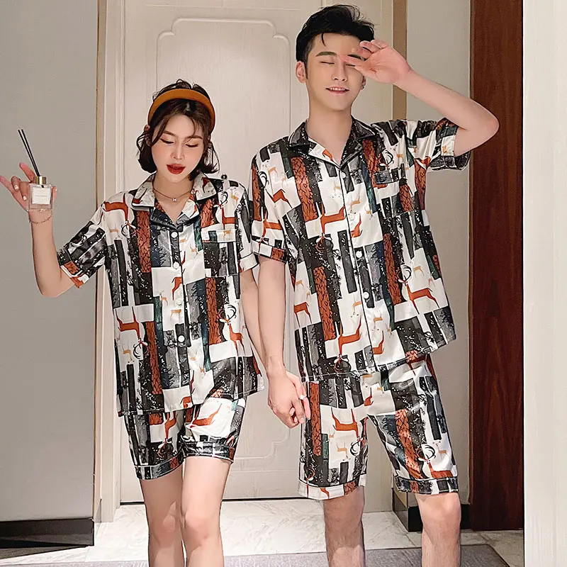 Summer Luxury Men and Women Silk Satin Pajamas Set Plus Size Lover Pijama Mujer Sleepwear 2021 New Short Sleeve Couple Sleepwear