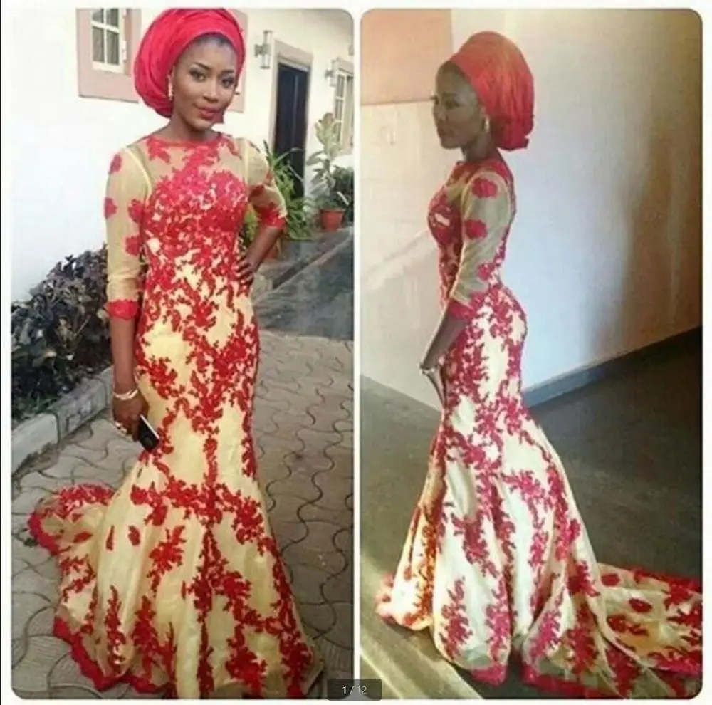 

2020 vintage champagne red lace appliques mermaid prom dresses 3/4 sleeve modest court train formal prom gowns hot sale