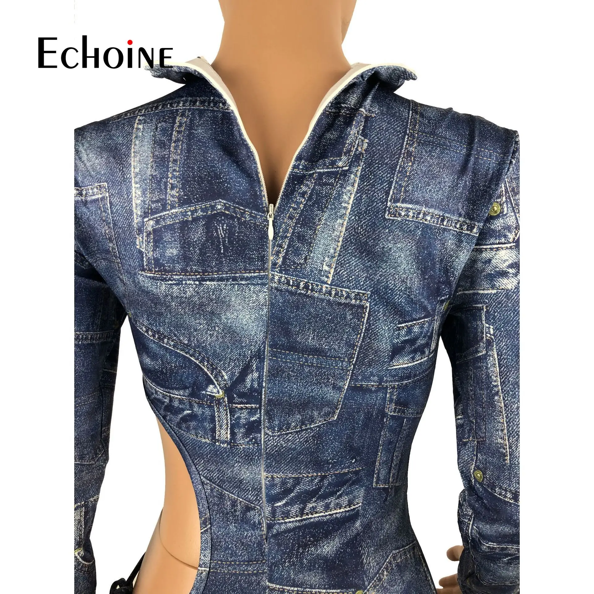 

Echoine Womens Imitation denim printing Hollow Out Slim Rompers Jumpsuit Turtleneck Long Sleeve Party Club Bodysuit Overalls