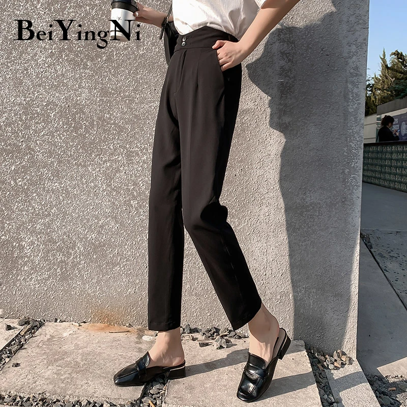 

Beiyingni High Waist Buttons Vintage Harajuku Casual Pants Womens Fashion Elegant Korean Streetwear Pant Female Slim Trousers OL