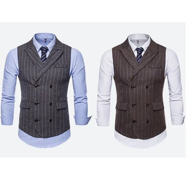 

MyLoddy Men Stripe Vests Fashion Double Breasted Suit Waistcoats Business Office Work Casual Dark Grey Coffee Gilet(One Vest)