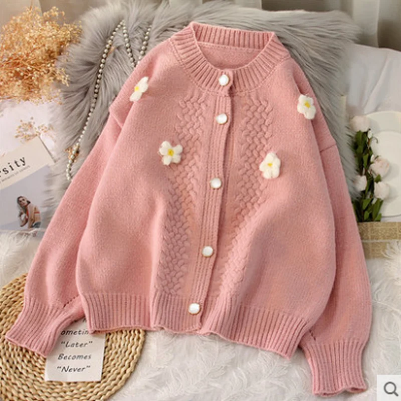 

Sweet Cardigan Knitted Sweater Women Coat Autumn Winter Warm Cardigan Sweater Fashion Pink Lady Loose Sweaters Cardigans 17806