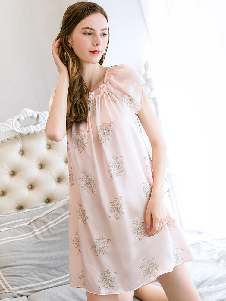 100% Real Silk Women Summer Nightgowns Sleepwear Home Clothes Female Pure Silk Sleep Skirt Night Dress Bedgown Fine Silk Fabric