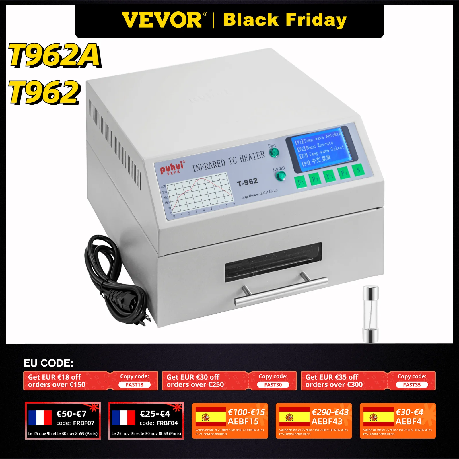 

VEVOR T962A T962 Desktop Reflow Oven Soldering Machine 800W 1500W Infrared IC Heater Solder PCB Board BGA SMD SMT Rework Station
