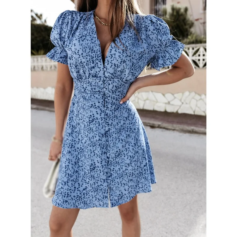 

2021 New Bandage V-neck Dress Women Casual Short Sleeve Button Floral Print Dress For Woman Summer Holiday Style Dress