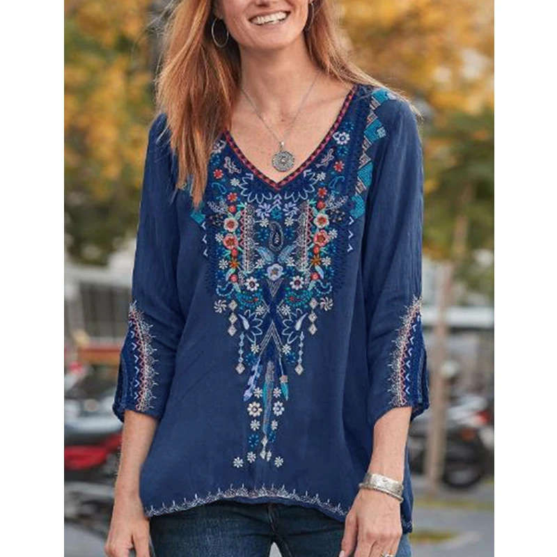 

Вышитые футболки с длинными рукавами для женщин летние модные свободные платья с v-образным вырезом размера плюс пуловер Блузы LUGENTOLO