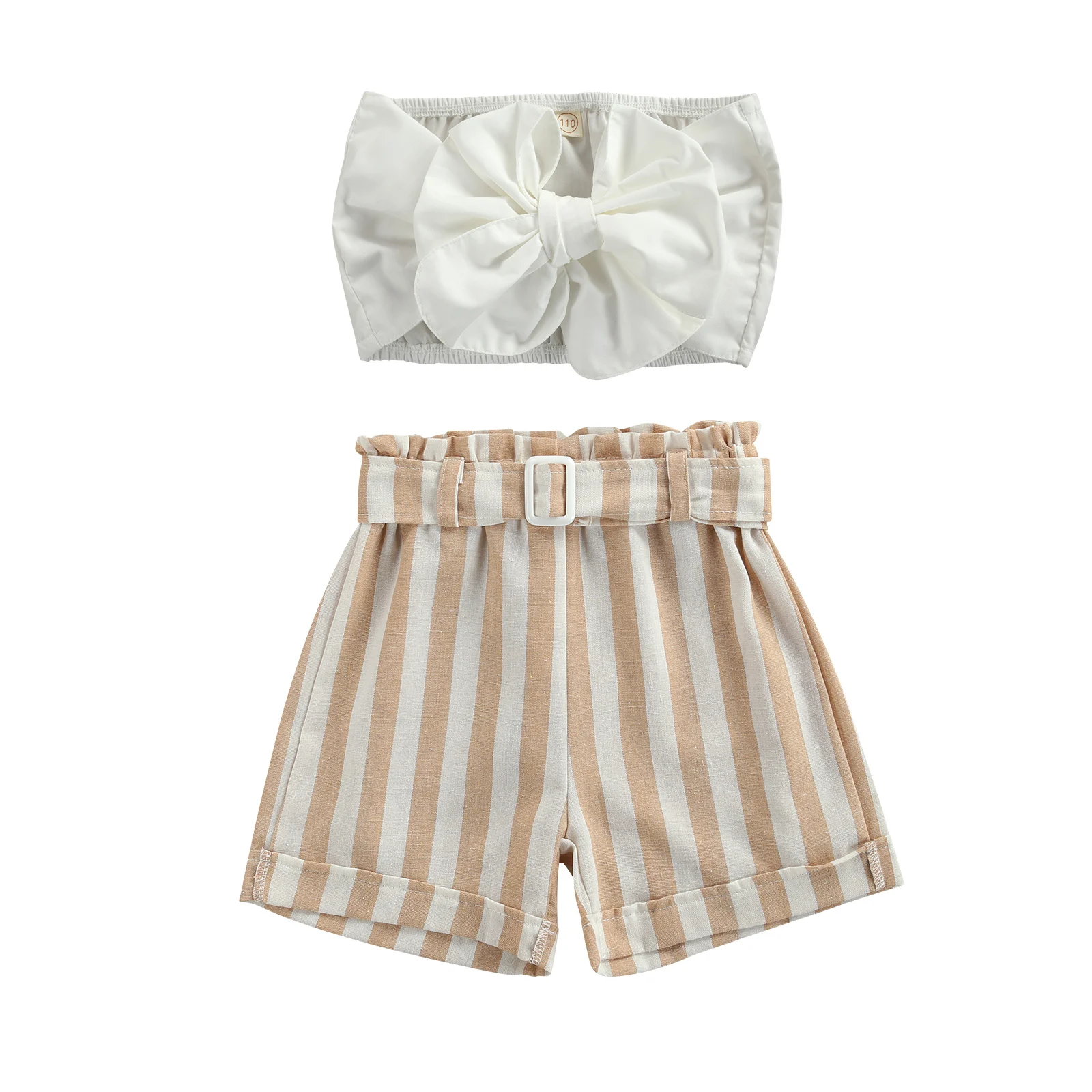 

2 Pieces Kids Suit Set, Girls Solid Color Sleeveless Strappy Crop Tops+ Striped Short Pants for Summer, 1-6 Years