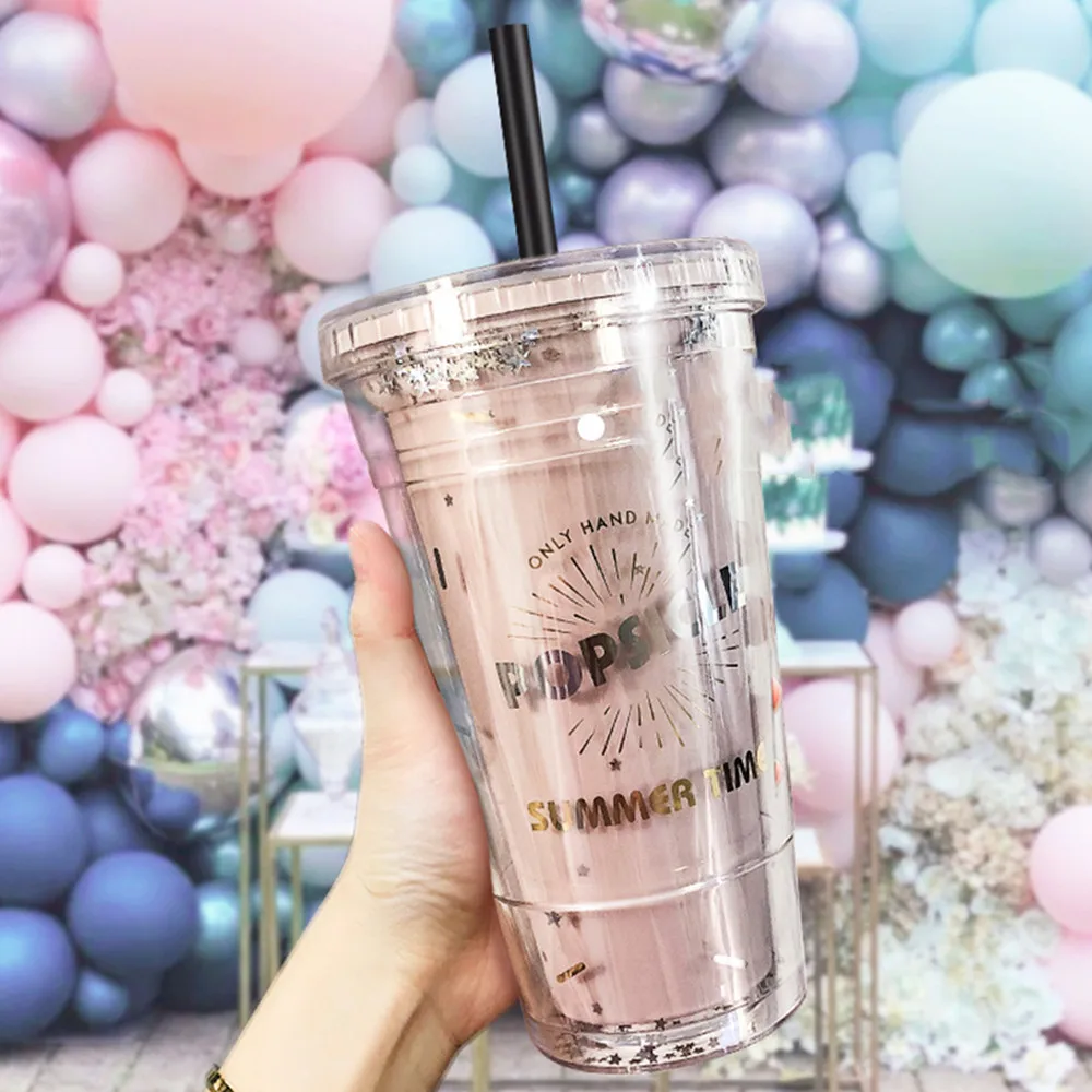

Milk with Dome Lids Double Wall Plastic Drink Cups With Straw Reusable White Pink Water Bottle Fruit Cup