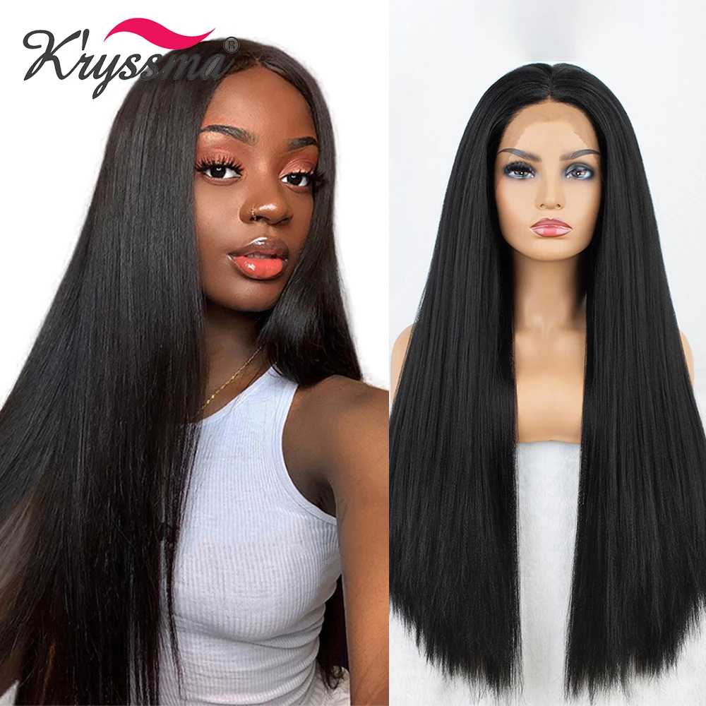 Kryssma Straight Synthetic Lace Front Wigs Middle Part Wig Natural Black Cosplay Wigs Heat Resistant Fiber Hiar