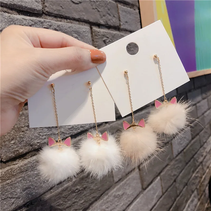 Корейские модные длинные серьги с кисточками и меховым шариком круглые капли