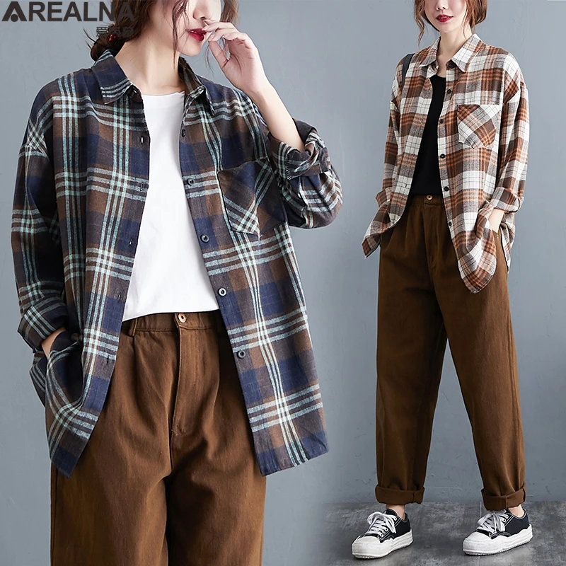 

Long Shirt Women Vintage Cotton Linen Plaid Shirt Long sleeve Ladies Casual Tops and Blouses Female Spring Street Blouse Shirts
