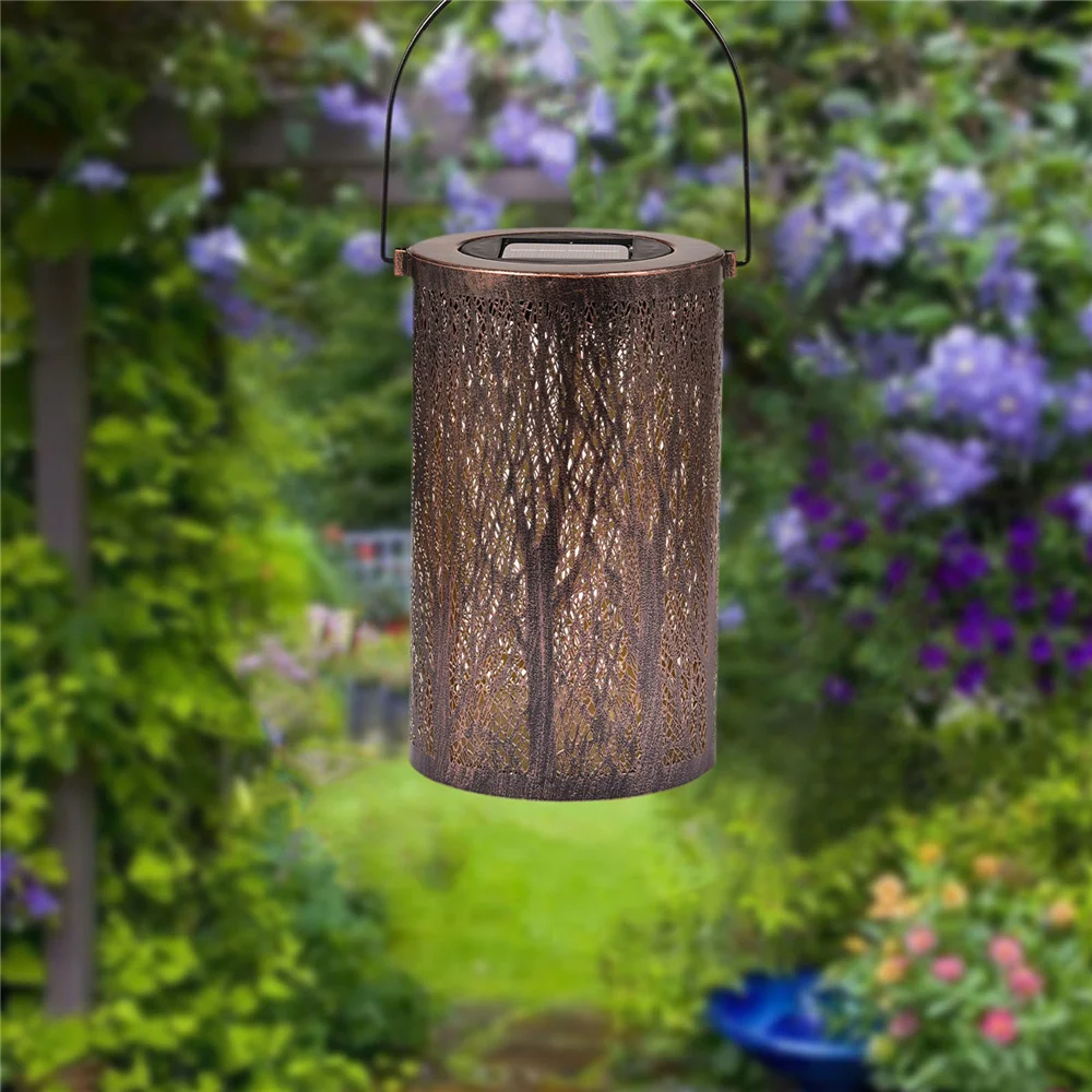 

led solar wrought iron hollow light outdoor courtyard projection decorative lantern hanging tree light garden solar light