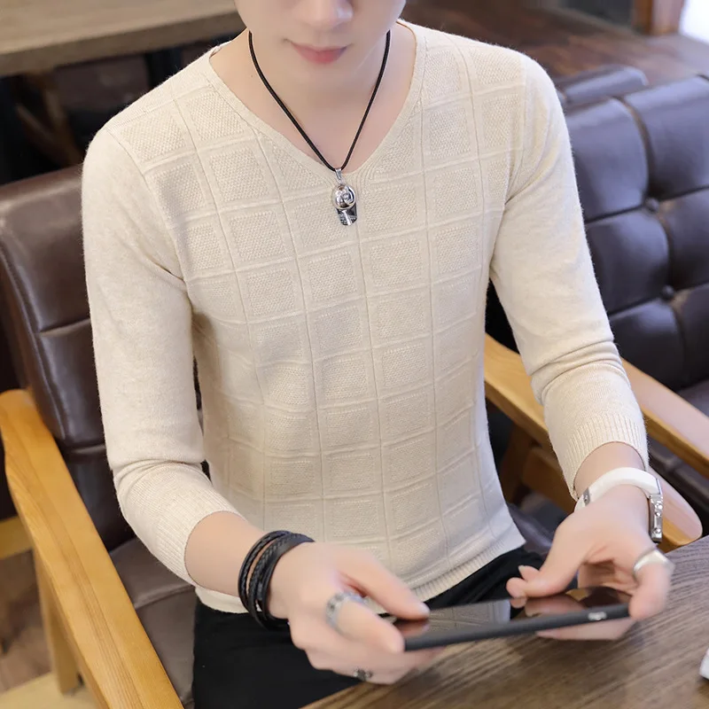 

2021 New Sweater Male Slim Korean Trend Of Solid Color Slim V-neck Sweaters Men Spring And Autumn Long Sleeves Knitted Jackets