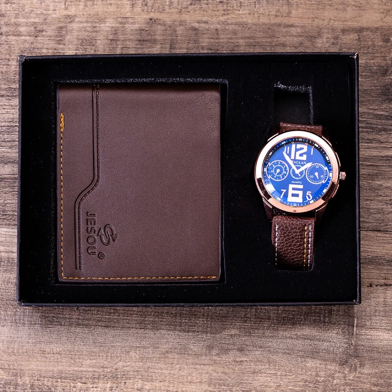Часы наручные мужские кварцевые с кожаным ремешком складной кожаный кошелек