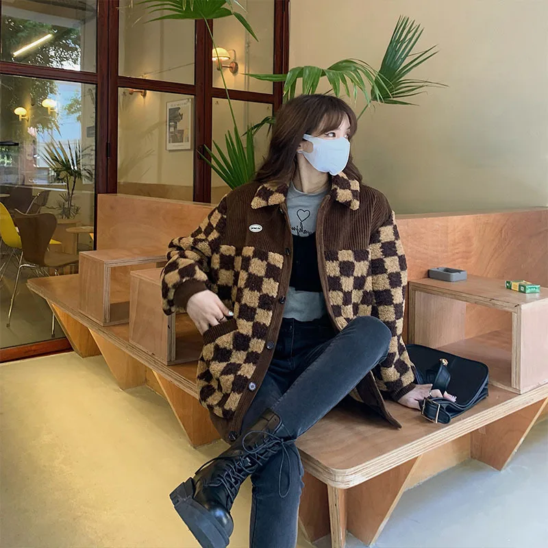 

Lamb wool coat loose casual plus cotton checkerboard autumn and winter