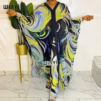 winyi two piece suit boho printed over size kimono batwing sleeve star dress women elastic silk floor length new fashion tide