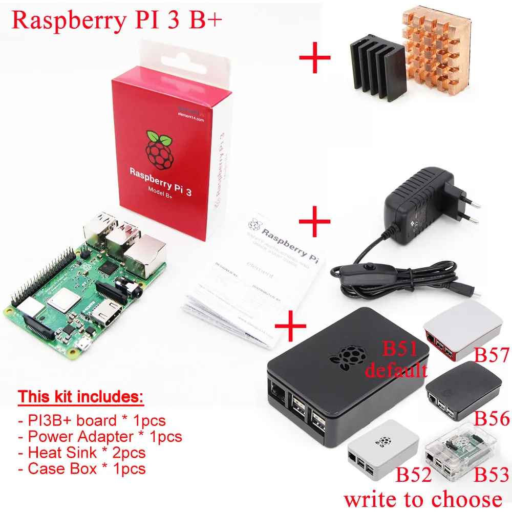 Комплект 4 Raspberry Pi 3 Model B+ плюс плата+ теплоотвод+ адаптер питания источник питания переменного тока. 1Гб LPDDR2 четырехъядерный WiFi и Bluetooth - Комплект: Комплект 4