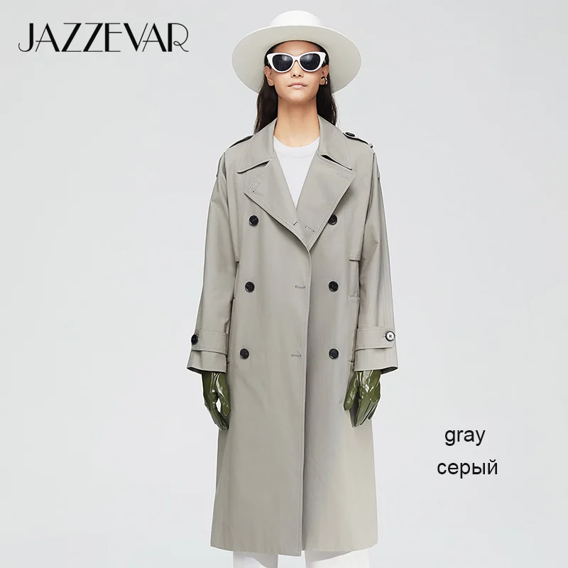 JAZZEVAR Новое поступление осенний плащ хаки пальто для женщин хлопок промывают длинный двубортный модный тренч свободная одежда высокого качества 9013-1 - Цвет: Gray XTS02