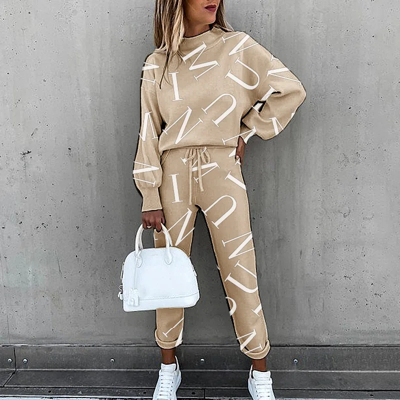 

Printed High-necked and Long-sleeved Casual Suit 2 Piece Sets Womens Outfits Tops