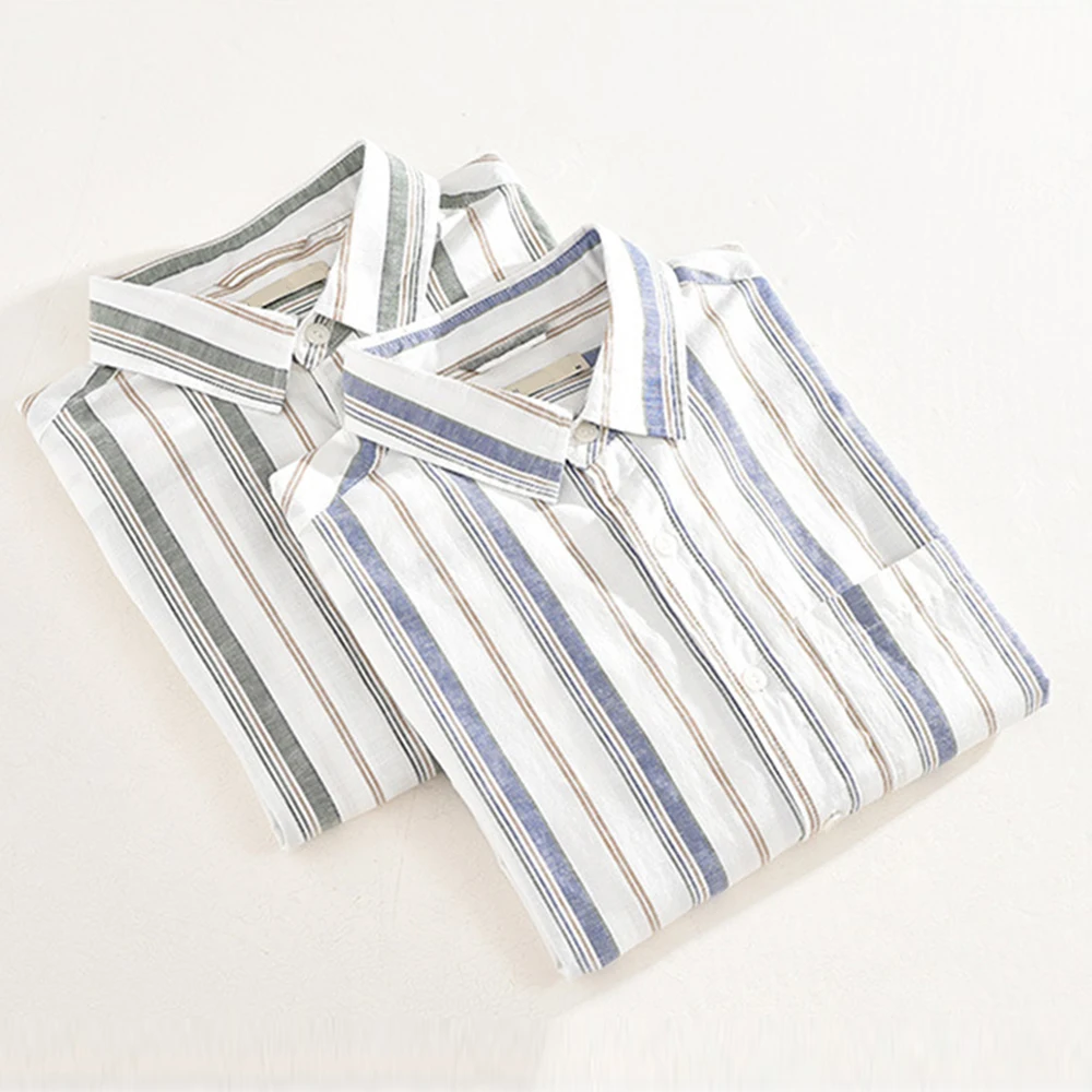 Camisa Men's Striped Cotton Linen Shirts Male Casual Streetwear Shirt Men Summer Spring Long Sleeves Shirt Tops M-3XL