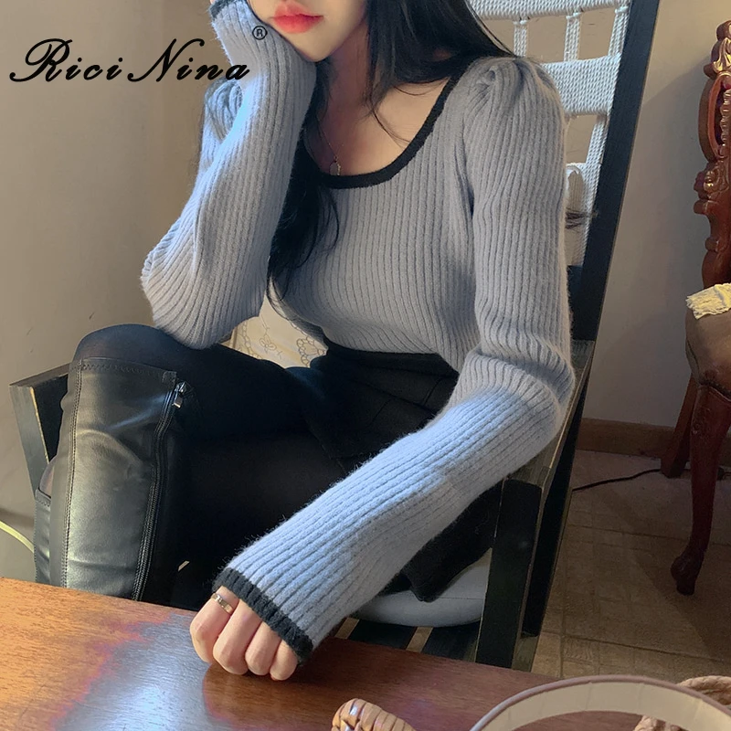 RICININA Knitted Sweater Women Jumper 2020 Long Puff Sleeve U Neck Solid Elegant Casual Wool Pullover Woman Spring | Женская одежда