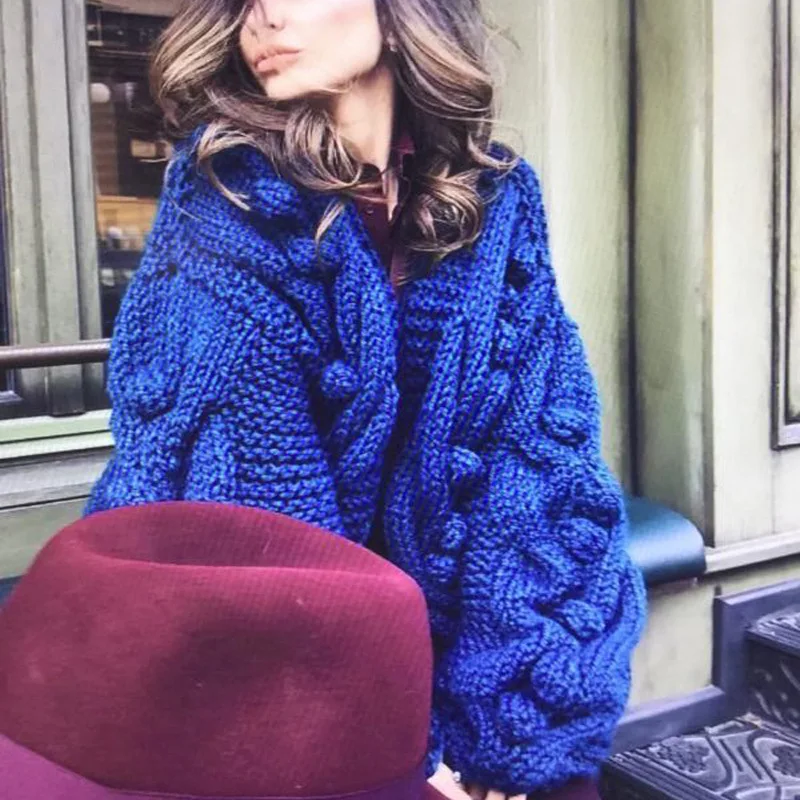 

2020 autumn and winter new European and American style hand-woven ball hemp flower sweater jacket women