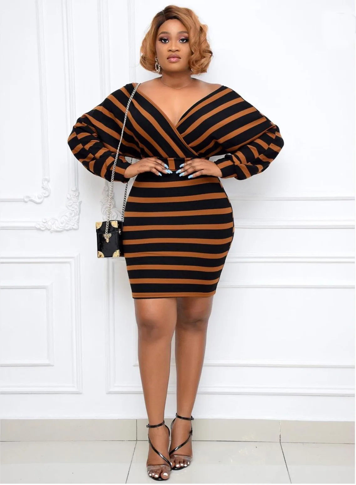 

Dresses for Women African Clothing Striped Stitching Front and Rear Large V-neck Commuter Dress with Belt Sukienki letnie