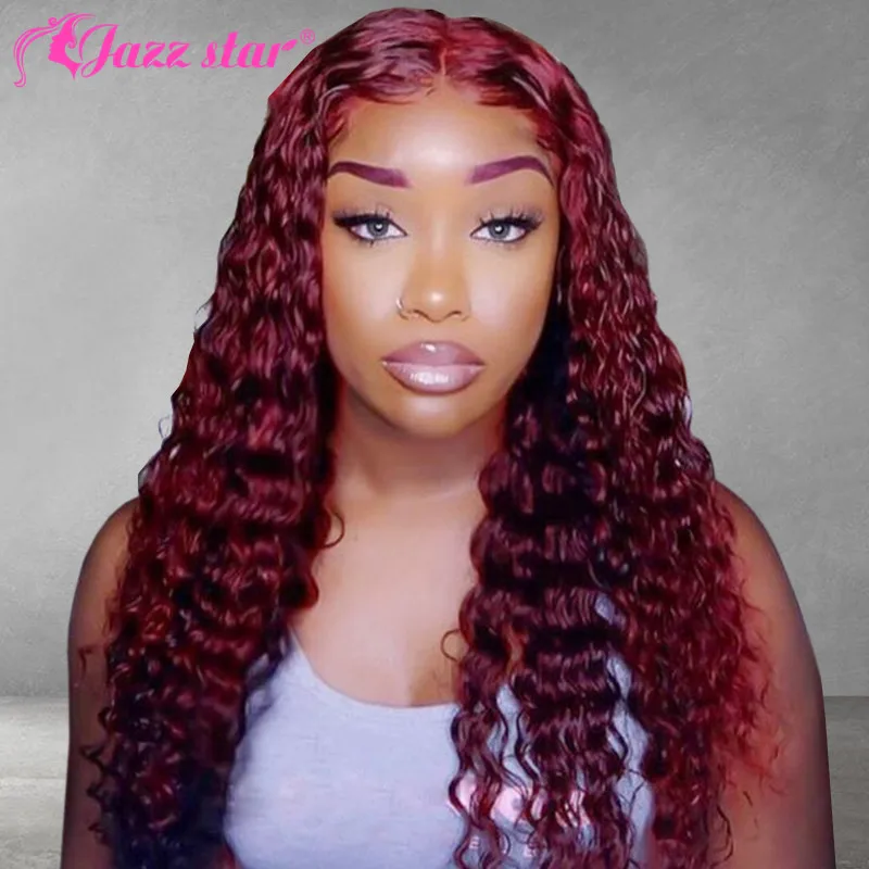 Burgundy 13x4 HD Transparent Lace Front Human Hair Wigs 99J Deep Wave Frontal Wig For Women Pre Plucked Non-Remy Jazz Star