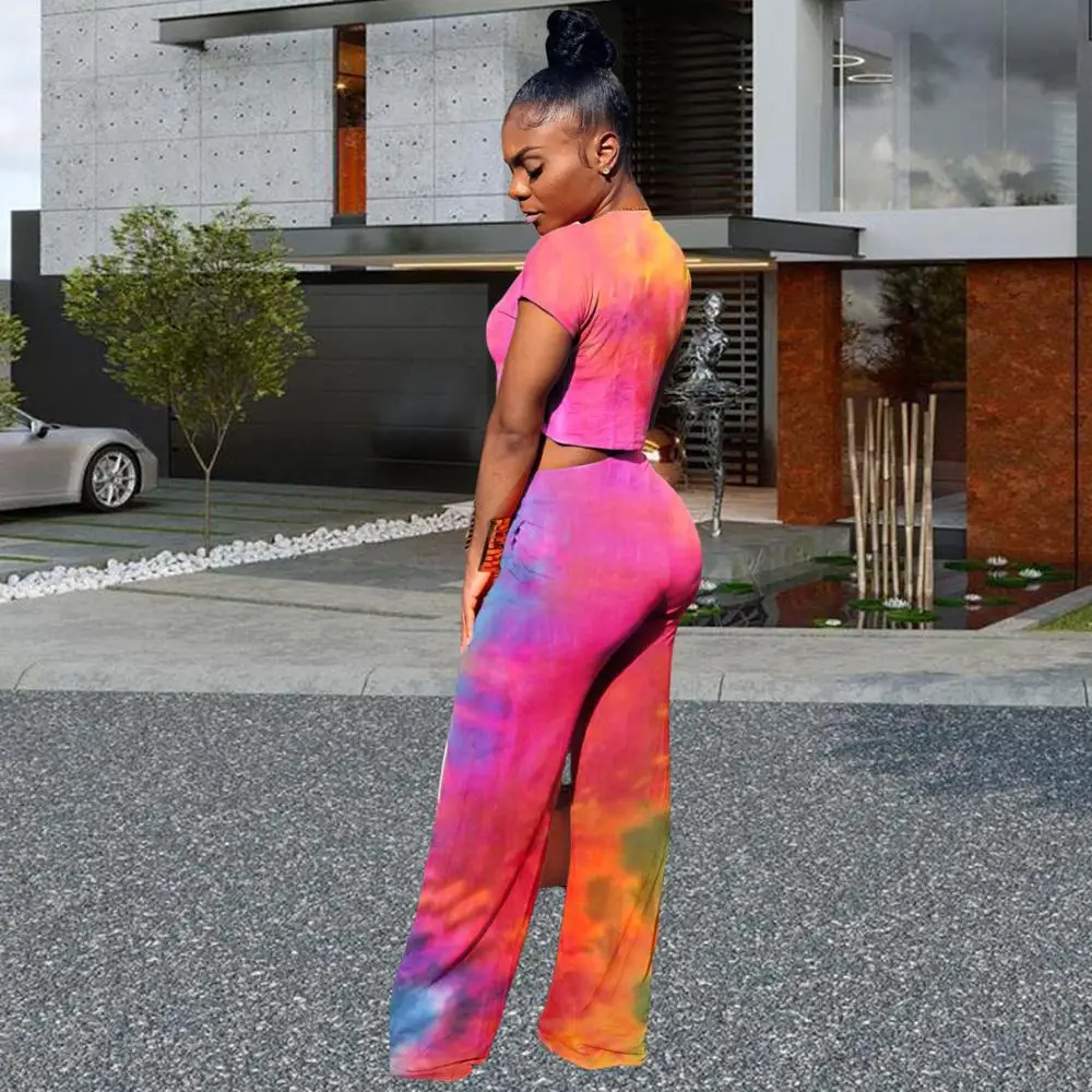 

2020 women fashion Tie-dyed round neck short sleeves crop top and leggings 2 pieces set high street lady fashion women tracksuit