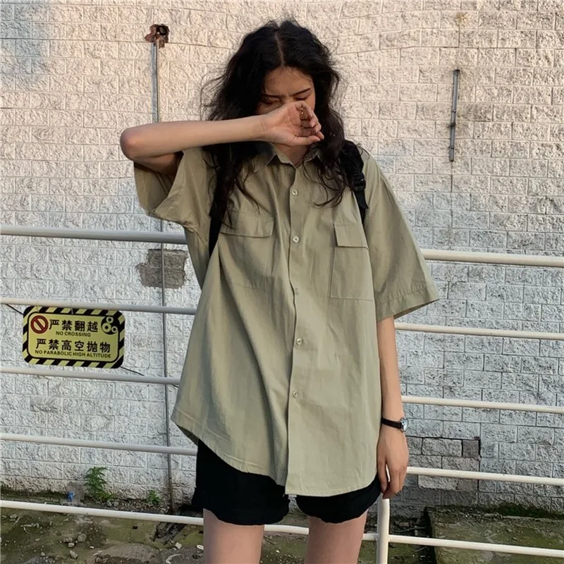 

Women Summer Shirts Safari Style Solid Color Korean Chic Lapel Collar Short Sleeve Pockets Harajuku Loose Blusas for Student