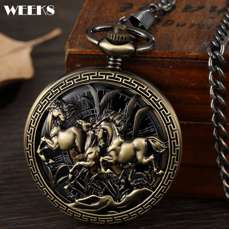 

Часы наручные механические с римскими цифрами, винтажные, в античном стиле, в стиле стимпанк, со скелетом, бронзовая лошадь, с цепочкой, для мужчин и женщин