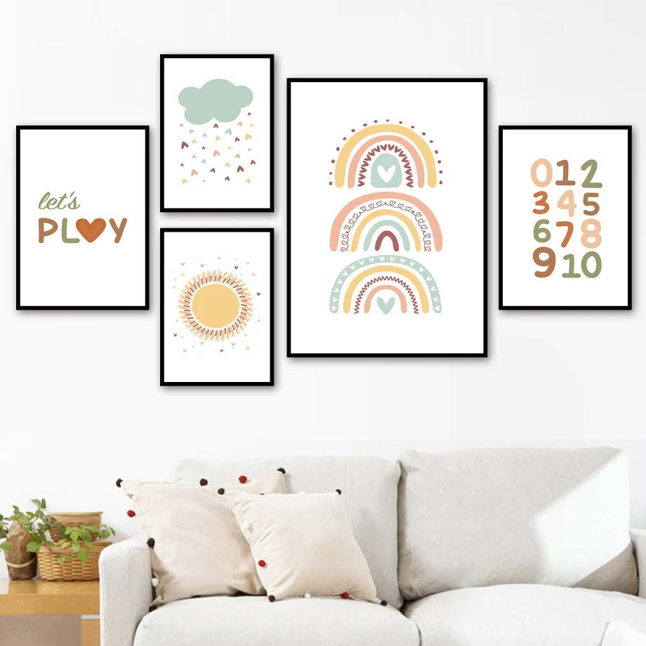 

Радужная солнце цифры буквы в форме сердца АБС-плакат в скандинавском стиле Настенная роспись на холсте настенная живопись Декор детской к...