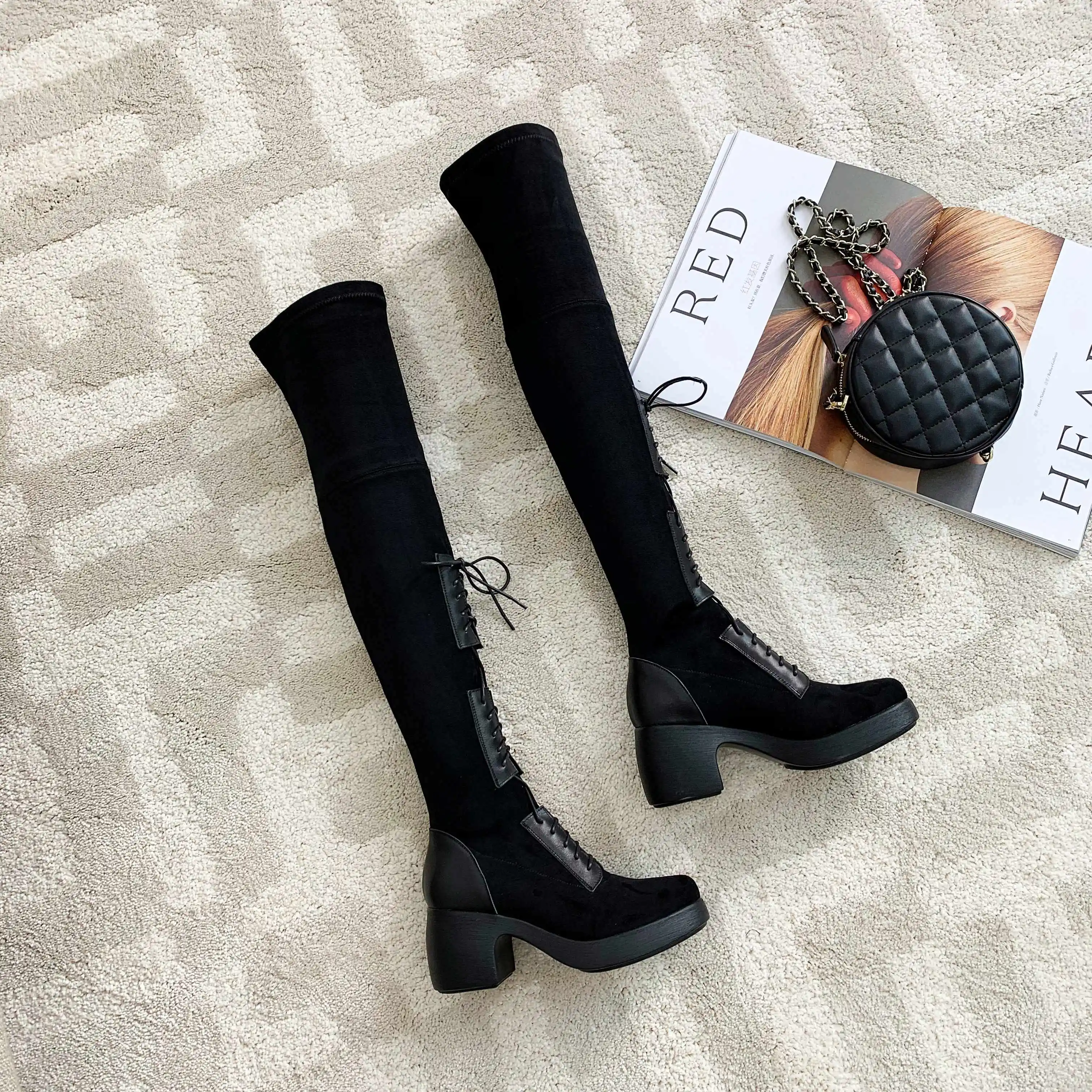 Lenkisen unique lace up stretch boots round toe high heels thick bottom winter keep warm women fashion over-the-knee boots L32