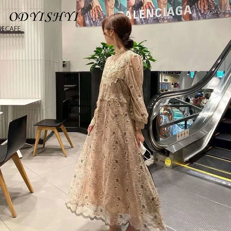 

Vestidos 2021 Spring Autumn Women's Dress Turtleneck Heavy Lace Crocheted Mesh Stitching Design Loose Long Sleeve Dresses DH74
