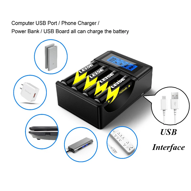 Leise зарядное устройство для аккумуляторов AA AAA 2a 3a nimh ЖК дисплей USB кабель