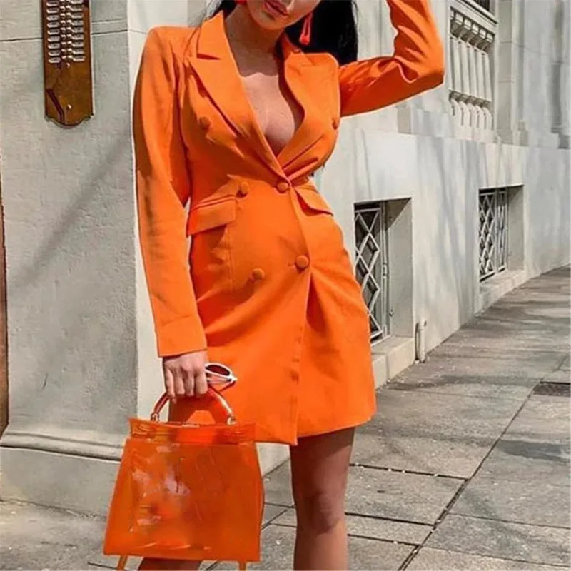 

Women Blazers Fashion Autumn Jackets Business Work Office Lady Suit Slim Female Long Blazer Double Breasted Orange Coat M0012