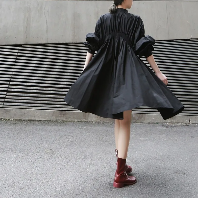 

2020 New Women Spring Autumn Stand Collar Long Sleeve White Pleated Stitch Irregular Big Size Shirt Dress