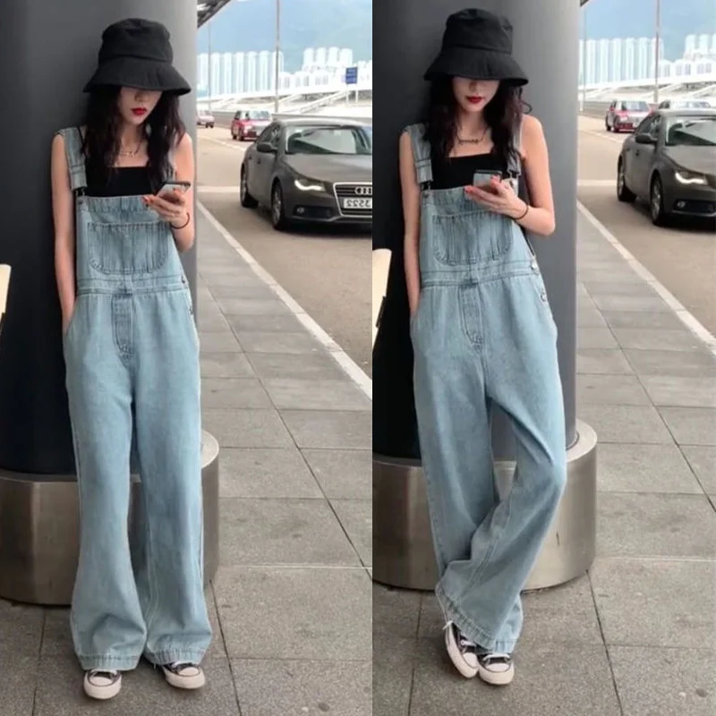 

Net red mop spring and summer 2021 new Korean loose large size High Waist Wide Leg Jeans strap pants women