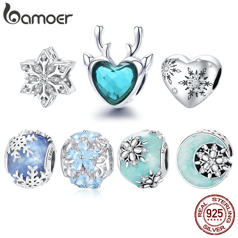 bamoer 925 Sterling Silver Round Beads Snowflake Charms Pendant Fit Women Bracelet or Necklace Fine Jewelry Christmas Gift